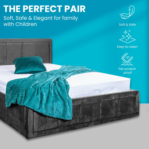 SANA SLEEP Upholstered Bed | Ottoman Frame Grey Plush Fabric With Storage (4FT6 Double) 1
