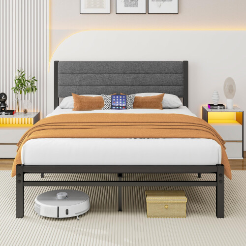 Diahomy Double Bed Frame Upholstered Platform Bed/Metal Slats Support/No Box Spring Needed/Underbed Storage/Easy Assembly/Dark Gray