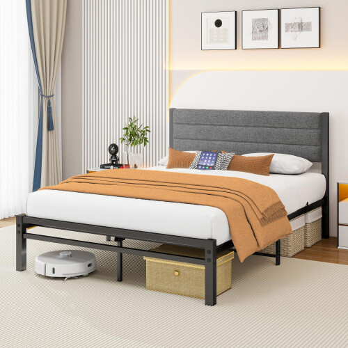 Diahomy Double Bed Frame Upholstered Platform Bed/Metal Slats Support/No Box Spring Needed/Underbed Storage/Easy Assembly/Dark Gray 2