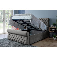 Furnishion Double Sleigh Bed with Storage - Steel - Dark Grey Plush Velvet Ottoman Style- Mattress not Included - Upholstered Sleigh Beds (Grey plush,