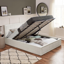 Home Treats Ottoman Bed With Mattress Small Double White 120 x190cm | Cream Storage Bed 4ft | Upholstered Storage Bed Plush Boucl? Fabric (Pocket