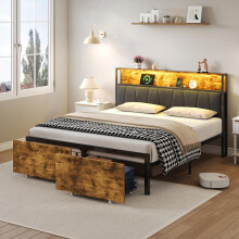 ModernLuxe 4FT6 Double Bed Frame with 2 Drawers, RGB LED Storage Headboard and Charging Station, Multifunctional Metal Bed for Adults and Teenagers,