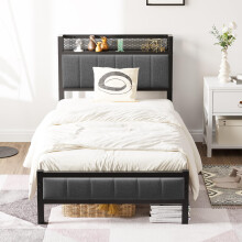Diahomy 3ft Single Bed Frame With Storage Headboard, Upholstered Platform Bed Frame/Mattress Foundation/Metal Slat Support/No Box Spring Needed/Dark