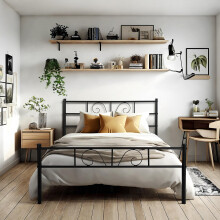 FurnitureR Double Bed frame - Bed 90x190 cm - 28 cm Height with Underbed storage - Metal Platform Bed frame with Headboard and Footboard - Black