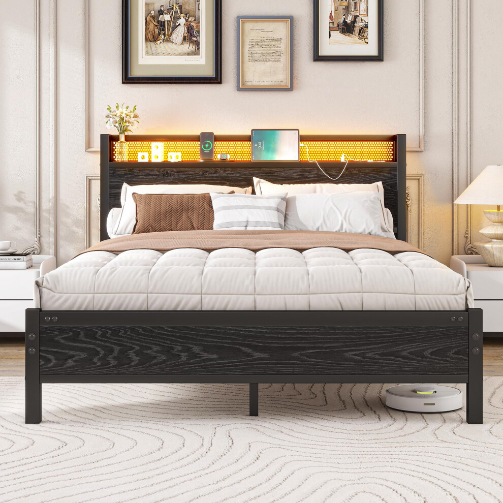 Diahomy King Size Bed Frame with LED Lights/Charging Station,Platform Bed Frame King Size with Storage Headboard/Mattress Foundation/Metal Slat