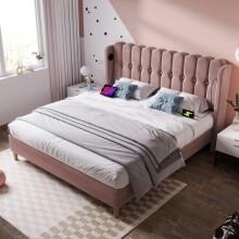 BTM Upholstered Double Bed with USB and Type-C Charging, 4ft6-135x190cm Single Bed Frame with Wooden Slatted Frame for Teenagers and Adults, Pink