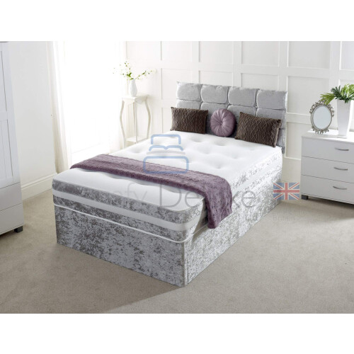 Complete Silver Crushed Divan Bed Set with Mattress and Headboard (6.0FT Super King)