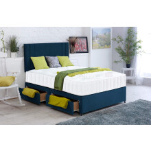 Comfy Deluxe LTD PLAIN VELVET DIVAN BED WITH MEMORY FOAM MATTRESS AND 20 INCH VERTICAL TWO-LINE HEADBOARD!!! (BLUE, 3FT - 2 DRAWER SAME SIDE)