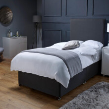 Savako Premium - Black Plush Divan Bed Set with Memory Foam Mattress and Headboard with Chrome Feet - (3ft Single - 90cm x 190cm)
