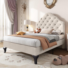 BTM Single Bed 90 * 190, Upholstered Bed with Slatted Frame and Headboard, Upholstered Bed with Height-adjustable Headboard, Velvet, Beige