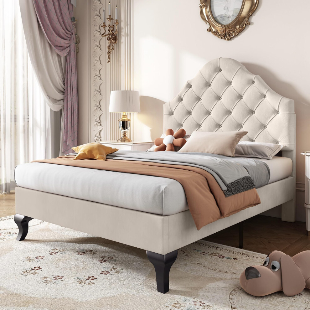 Btm Single Bed 90 * 190, Upholstered Bed With Slatted Frame And Headboard, Upholstered Bed With Height-Adjustable Headboard, Velvet, Beige Cream