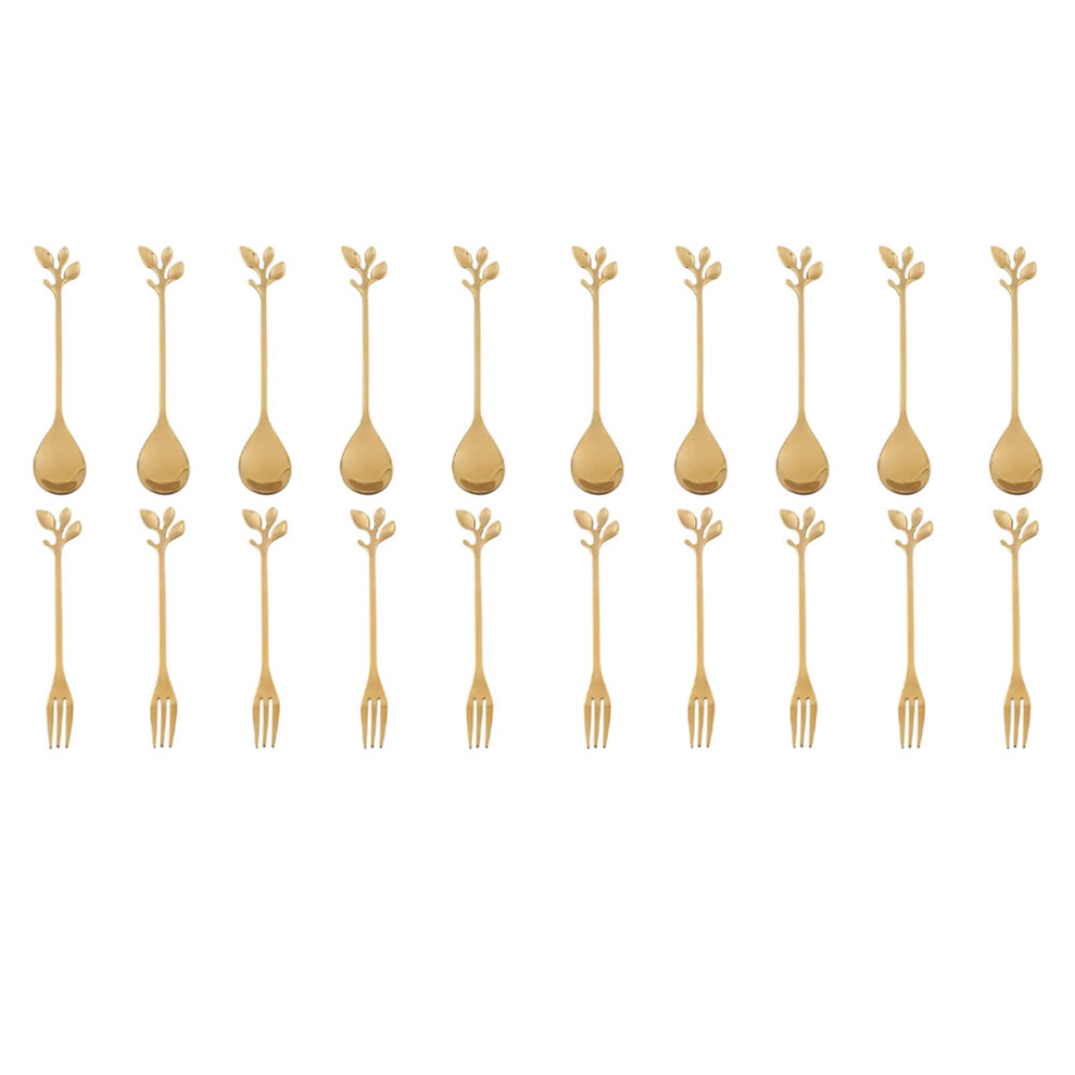 10Spoon+10Forks Stainless Steel Leaf Coffee Cake Spoon Fork Dessert Spoons, Stirring Teaspoon Set Golden 4853440172297