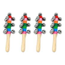 4 Pcs Hand Jingle Bells, Rainbow Handle Wooden Bells Stick Shaker Rattle Baby Kids Children Musical