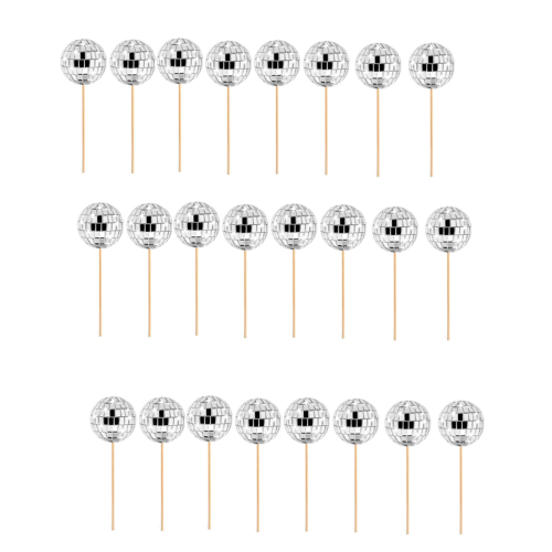 24 PCS Disco Ball Cupcake Toppers Picks Reflective Mirror Cake Decorations Silver