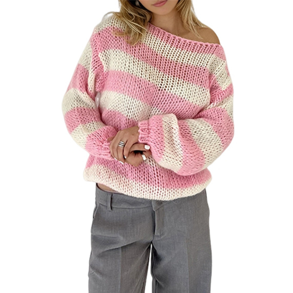 Women Oversized Striped Sweater Pink S-image-OPC-PJQMTPN-NEW