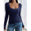 Square Neck Ribbed Knit Basic Teen Navy Blue XS 6