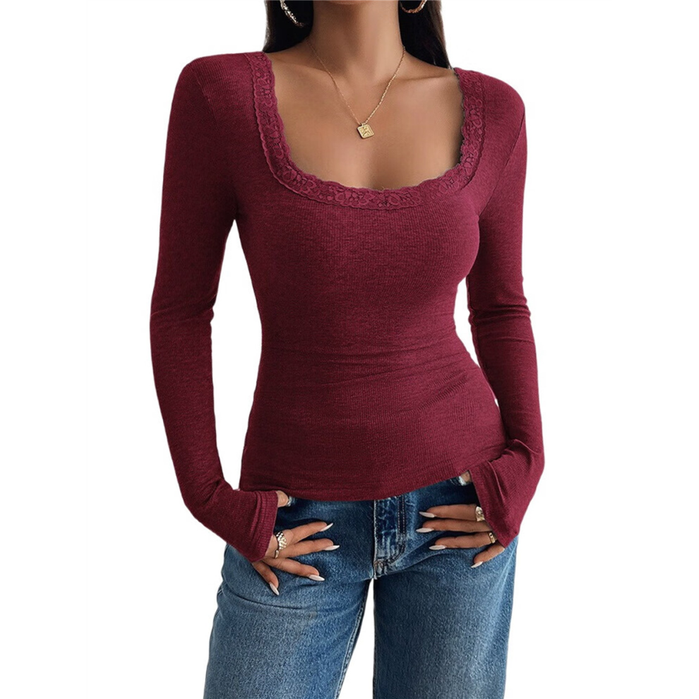 Square Neck Ribbed Knit Basic Teen Wine Red XXL-image-OPC-PJQMW7Q-NEW