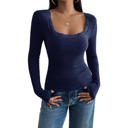 Square Neck Ribbed Knit Basic Teen Navy Blue XL 1