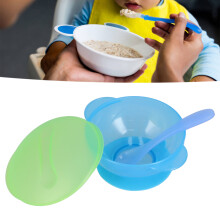 Baby-Saugschüssel mit Deckel und Löffel Set, lebensmittelechtes PP, maschinenwaschbar, Baby-Fütterungsschüsseln, Blau