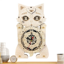3D Puzzle Cat Clock Set, Wooden Desk Ornaments for Living Room, Coffee Shop, Bookstore, Study Area