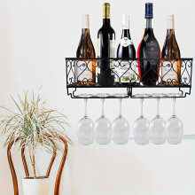 (Black) Wall-Mounted Metal Wine Rack with Stemware Holder - Sleek Black Finish, Multi-Purpose Storage & Display ,Bottle Holder