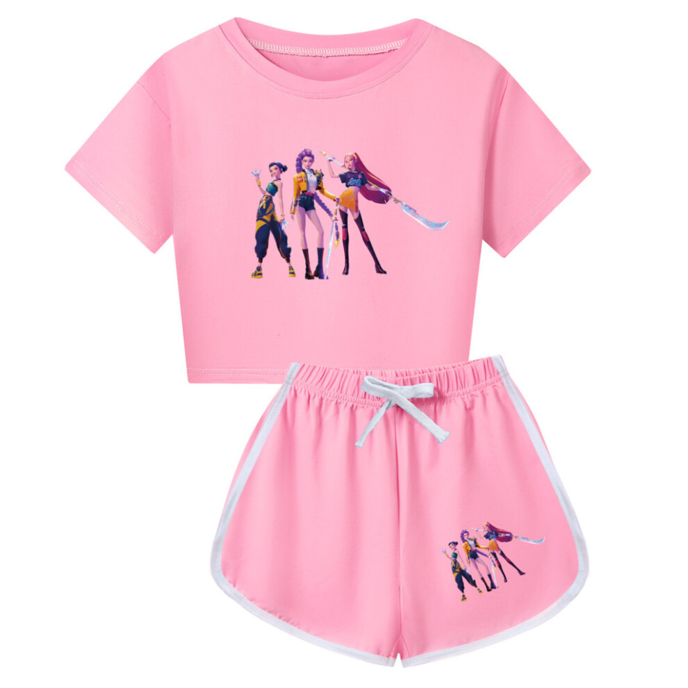 (Pink, 120) Hunters Demon Kpop Print Children Short Sleeved Shirt Shorts Fashion Suit Gift-image-OPC-PJQP7WV-NEW