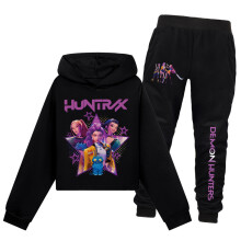(Black, 110cm) Kpop Demon Hunters Pattern Children Hoodie Long Pants Set Gift Clothing Fashion