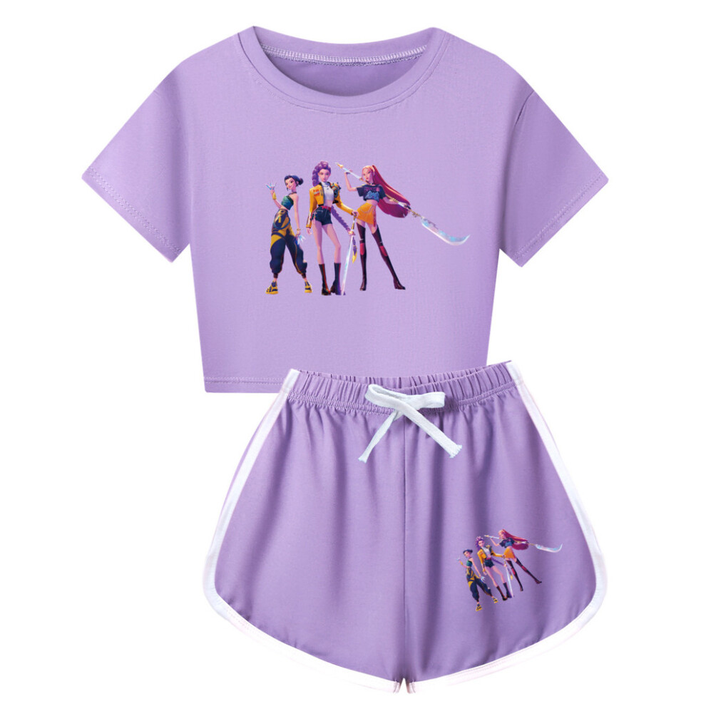 (Purple, 130) Kpop Hunters Demon Print Children Short Sleeved Shirt Shorts Suit Gift Fashion-image-OPC-PJQPD8Y-NEW