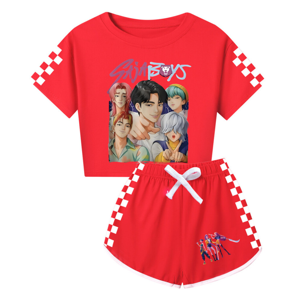 (Red, Children140) Kpop Hunters Demon Saja Boys Print Child Adult Shortsleeved Sets Shorts Shirts-image-OPC-PJQPKYN-NEW