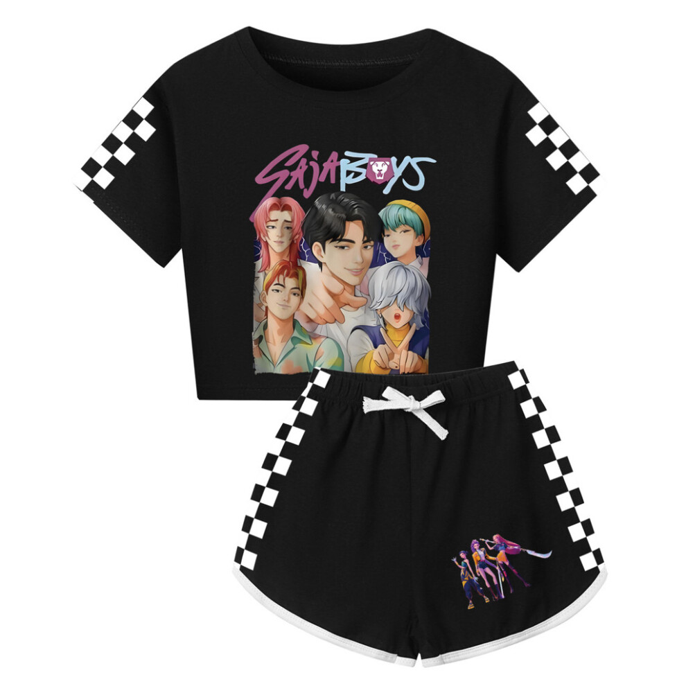 (Black, Children130) Kpop Hunters Demon Saja Boys Print Child Adult Shortsleeved Shorts Sets Shirts-image-OPC-PJQPMBG-NEW