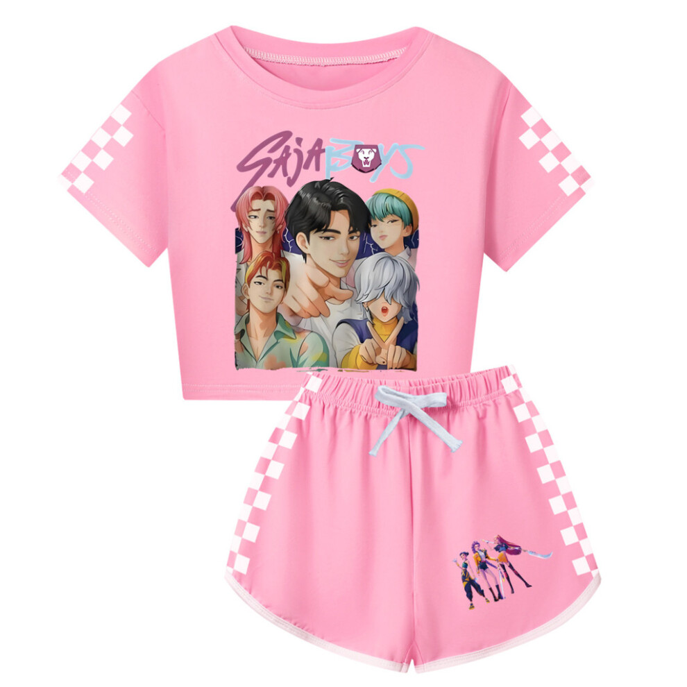 (Pink, AdultL) Demon Hunters Kpop Saja Boys Print Child Adult Shortsleeved Shirts Shorts Sets-image-OPC-PJQPMH6-NEW