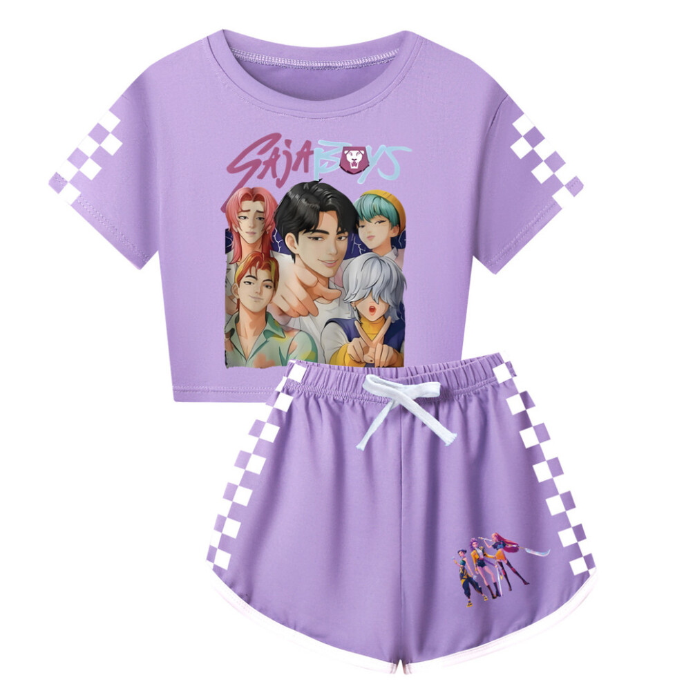(Purple, Children140) Demon Hunters Kpop Saja Boys Print Child Adult Shortsleeved Shorts Shirts Sets-image-OPC-PJQPN28-NEW