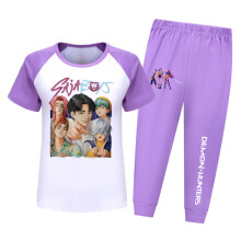 (Purple, 110cm) Hunters Demon Kpop Saja Boys Pattern Short Sleeved Shirt Long Suit Pajama Pants