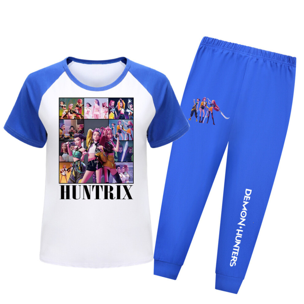(Dark Blue, 130cm) Hunters Kpop Demon Print Kids Short Sleeved Shirt Long Pants Gift Pajamas Suit-image-OPC-PJQPYTY-NEW