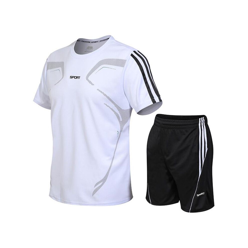 (White, M) Running Sport Men Set Short Sleeveshorts 2pcs Breathable Jogging Suit Fitness-image-OPC-PJQQCHQ-NEW