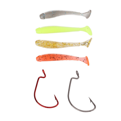 Kit di esche morbide da 60 pezzi: esche da 36/39 mm, ganci rossi e neri