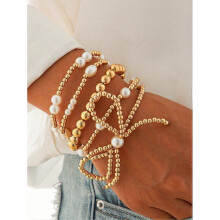 5pcs Fashionable Niche Gold Beaded Bow & Pearl Decor Bracelet Set, Fits Any Occasion, Romantic Surprise Gift