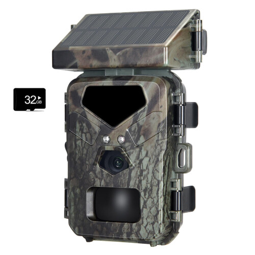 Solar Wildlife Camera with Motion Sensor, Night Vision, IP65 Waterproof, 65 ft Range, 0.2s Trigger Time, Time Lapse Recording