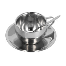 Set di mug in acciaio inossidabile per caffè e tè da 180 ml, a doppia parete, con piattini e cucchiaini.