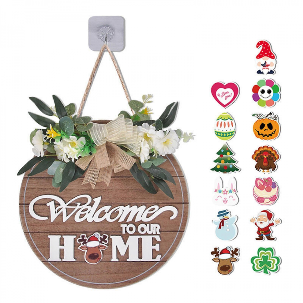 Interchangeable Round Wooden Sign with 13 Seasonal Pieces, Flower Bowknot, DIY Farmhouse Hanging Plaque-image-OPC-PJQSQ22-NEW