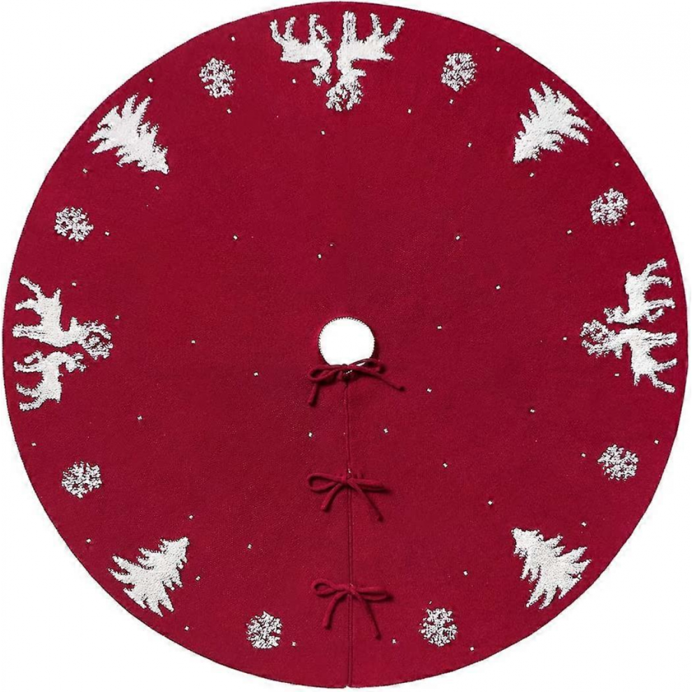 XIANRENGE 48 Inch Knitted Christmas Tree Skirt, 3D Elk Xmas Tree Base Cover Mat, Rustic Red Tree Skirt for Indoor Outdoor Decorations-image-OPC-PJQSR2K-NEW