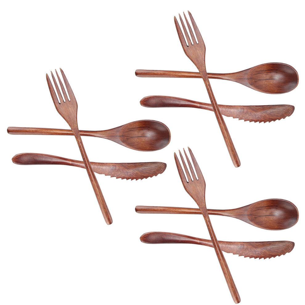 3Set Tableware Wooden Fork Spoon Knife Kit Kitchen