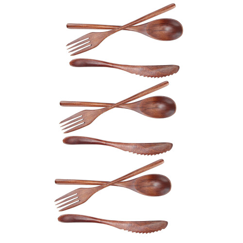 3Set Tableware Wooden Fork Spoon Knife Kit Kitchen 1