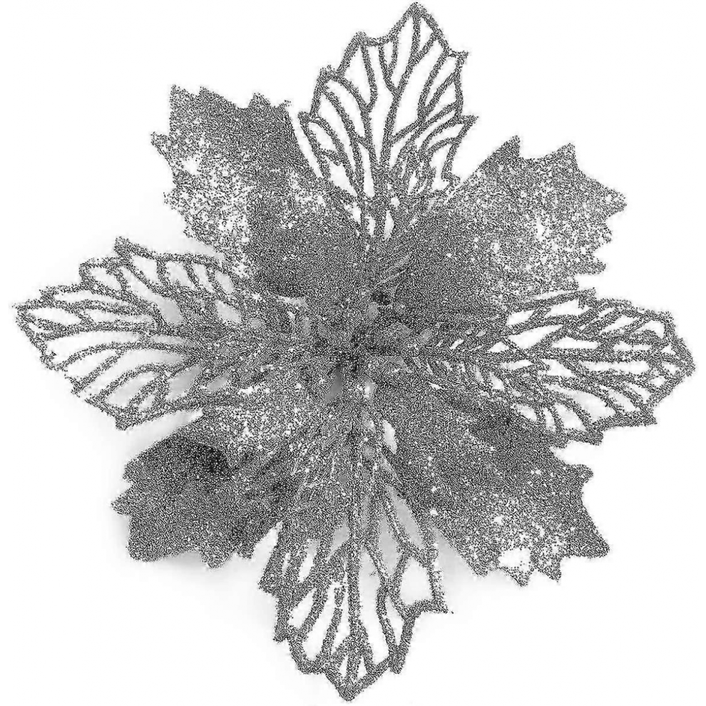 12 Pcs Silver Glitter Artificial Poinsettia Flowers for Christmas Wreath Tree Ornaments-image-OPC-PJQTRPJ-NEW
