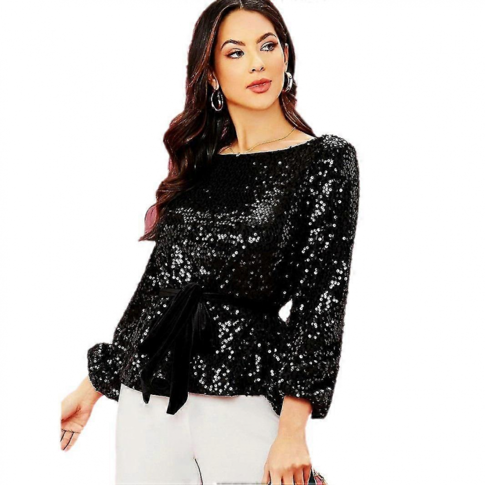 Women's Sparkle Sequin Tops Shimmer Glitter Long Sleeve Fit Shirts Black-image-OPC-PJQTSMT-NEW