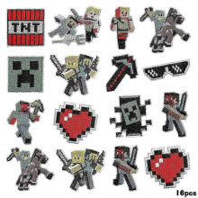 16pcs Minecraft Embroidered Patches, Sew On or Iron On for Clothes, Hats, Jeans, DIY Accessories
