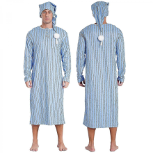 Men's Big&Tall Striped Henley Sleep Shirt Nightgown Long Sleeve with Night Hat Light Blue