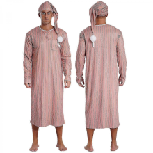 Men's Big & Tall Striped Henley Sleep Shirt Nightgown Long Sleeve with Hat Khaki M