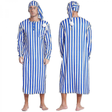 Men's Big & Tall Striped Henley Sleep Shirt Nightgown Long Sleeve with Hat Royal Blue