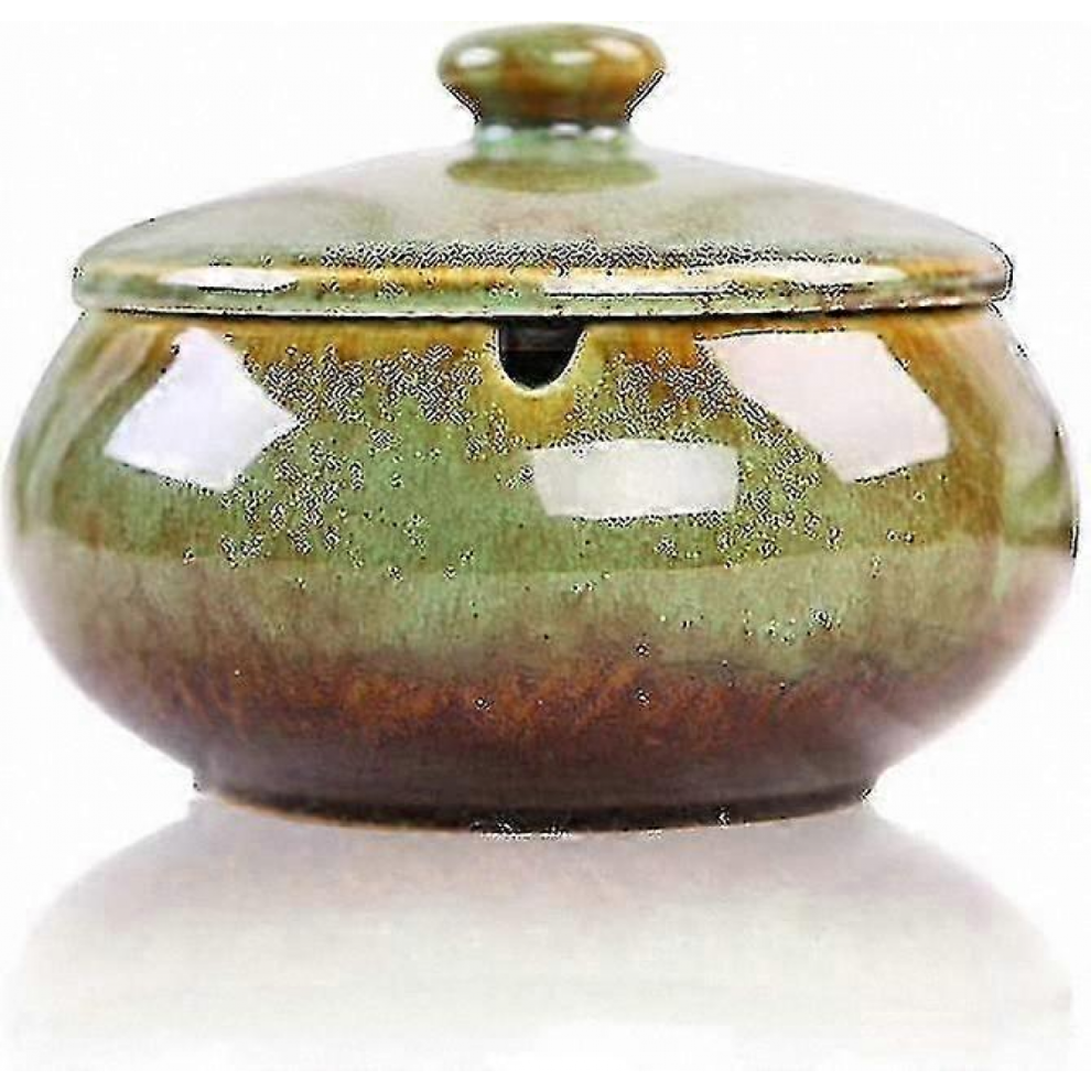 Black/Green Retro Windproof Ceramic Ashtray With Lid For Smoking Accessories
